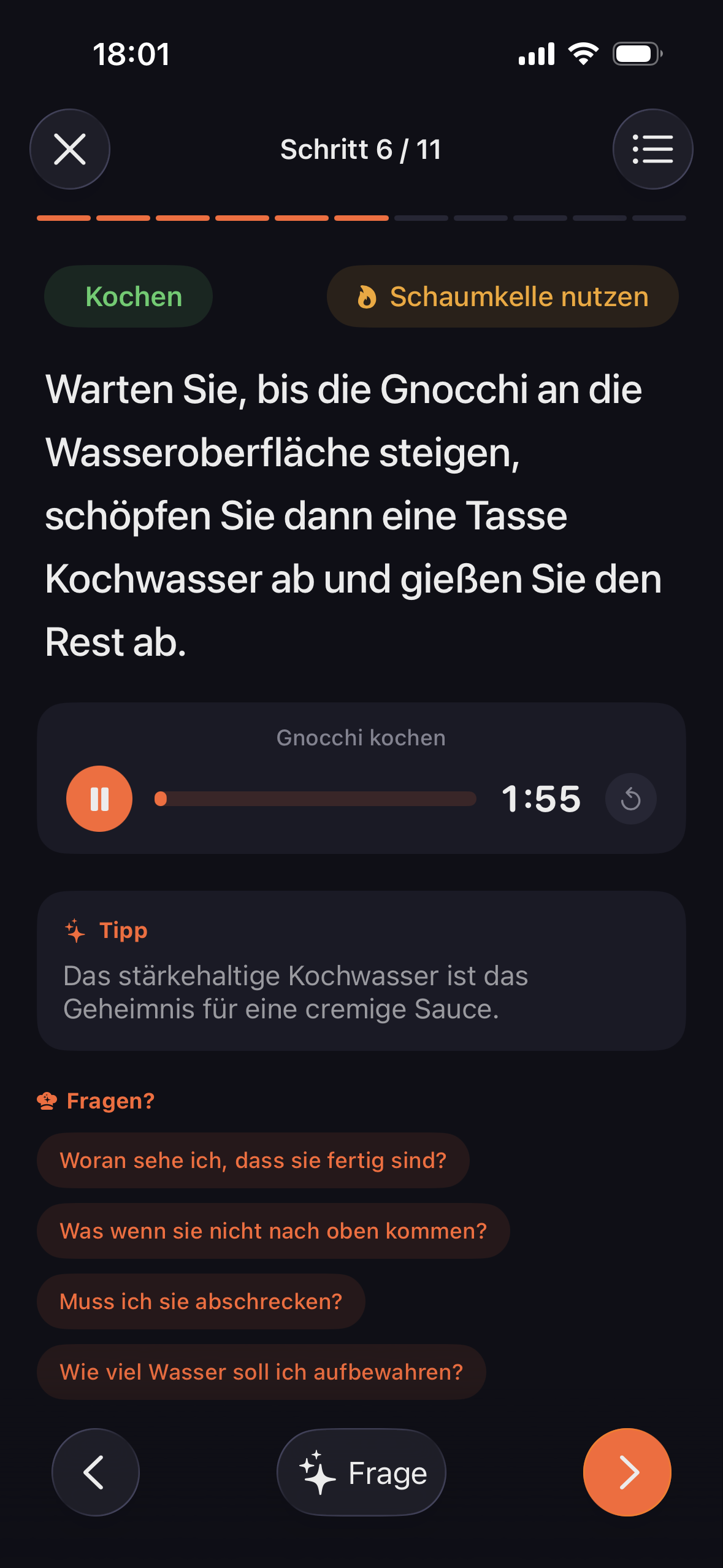 Guided Cooking — Schritt mit Timer und Tipp