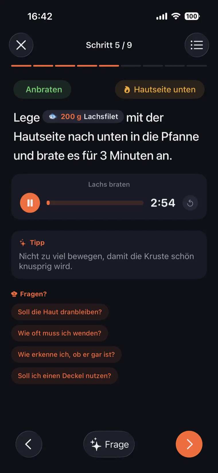 Kochmodus mit Timer und Schritt-Anleitung