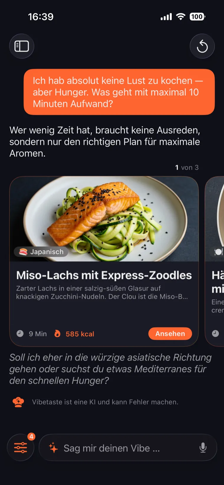 Vibetaste KI-Rezept-Generator: die KI schlägt drei Rezepte vor