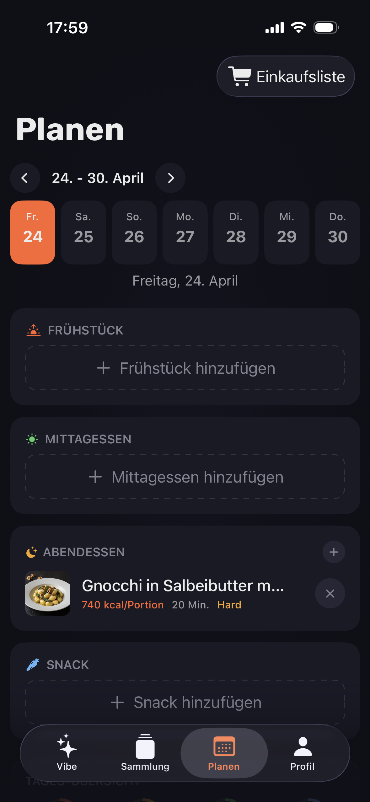 Wochenplanung mit Mahlzeiten-Slots