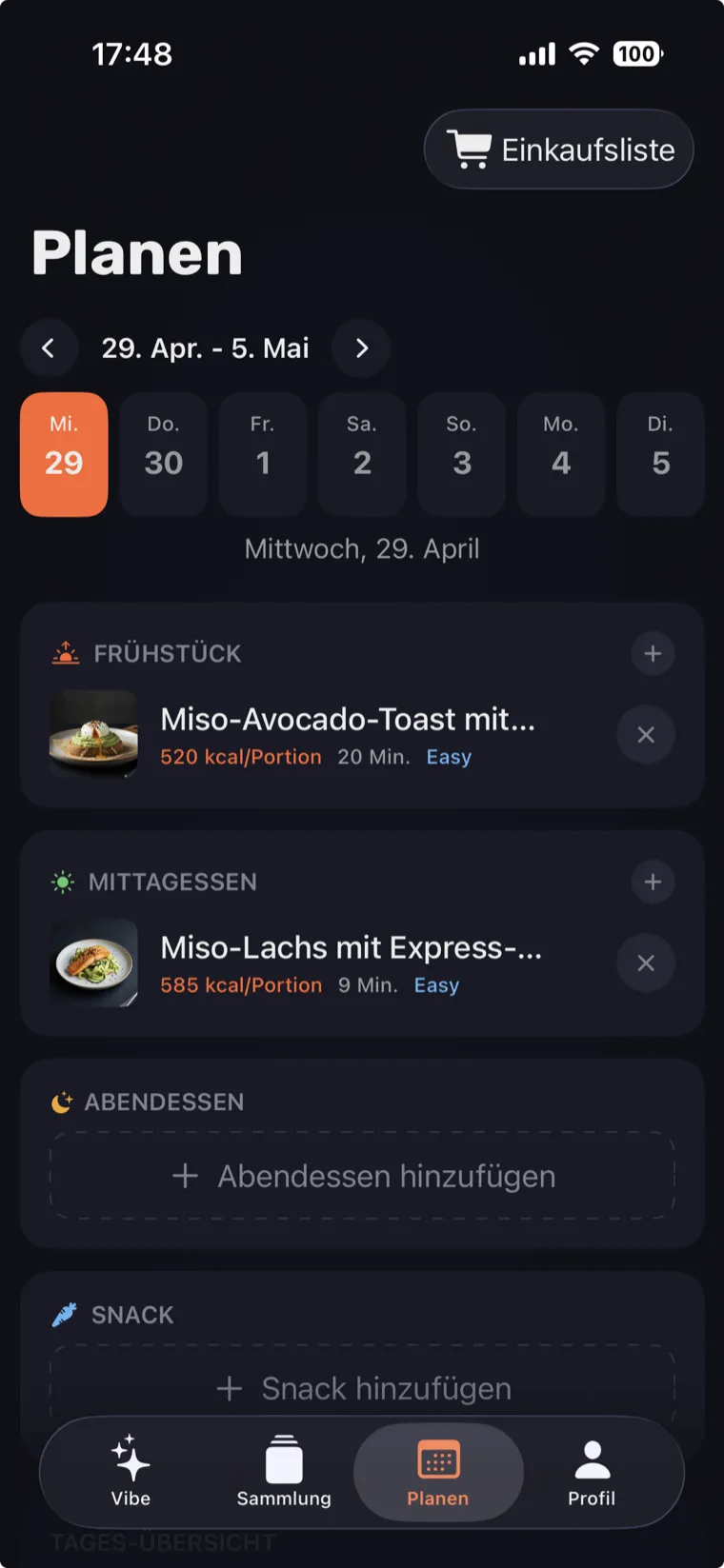 Wochenplan mit automatischer Einkaufsliste