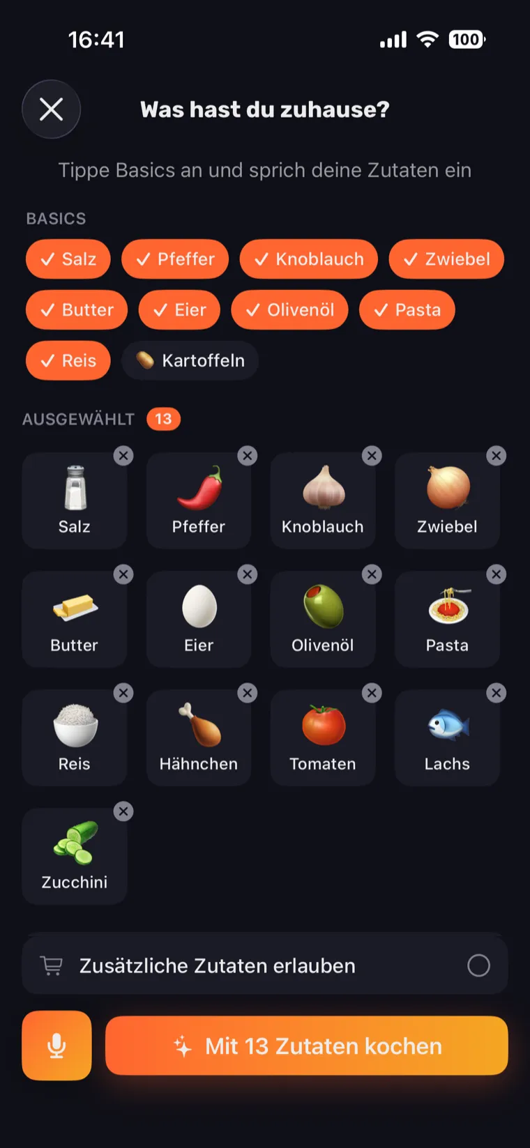 Zutaten auswählen im KI-Rezept-Generator